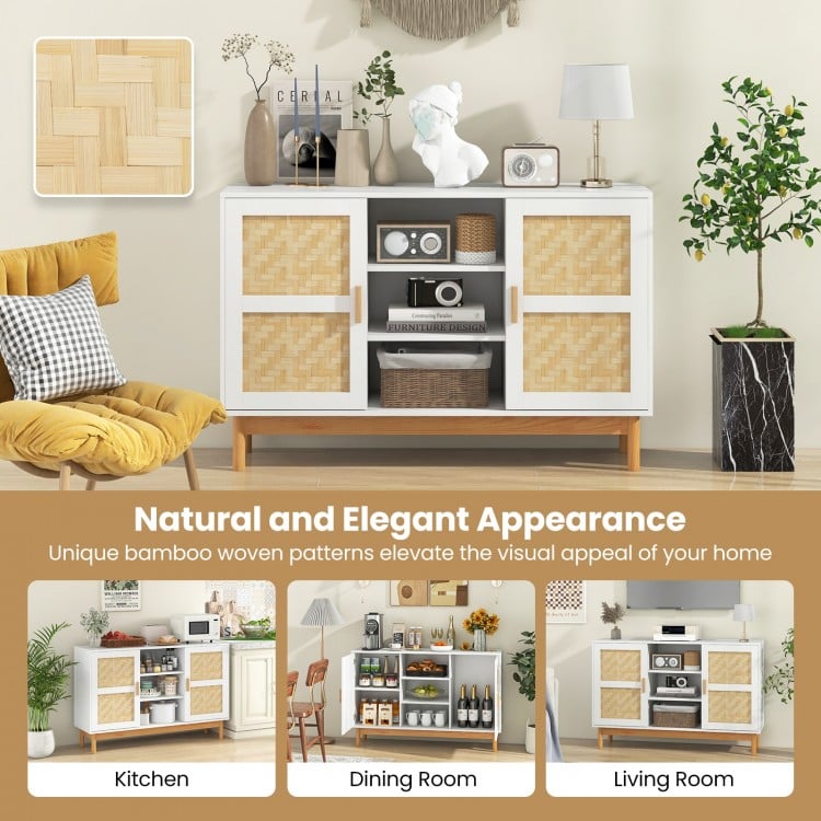 48 Inch Sideboard Buffet Cabinet Floor Storage Cabinet with 2 Bamboo Woven Doors-White