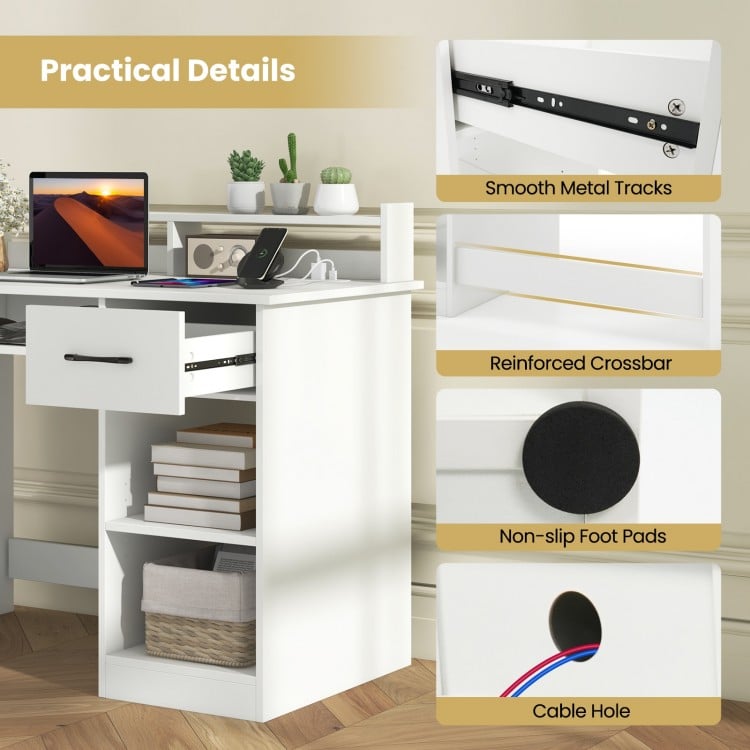 White Desk with Charging Station and Adjustable Shelf for Home Office-White