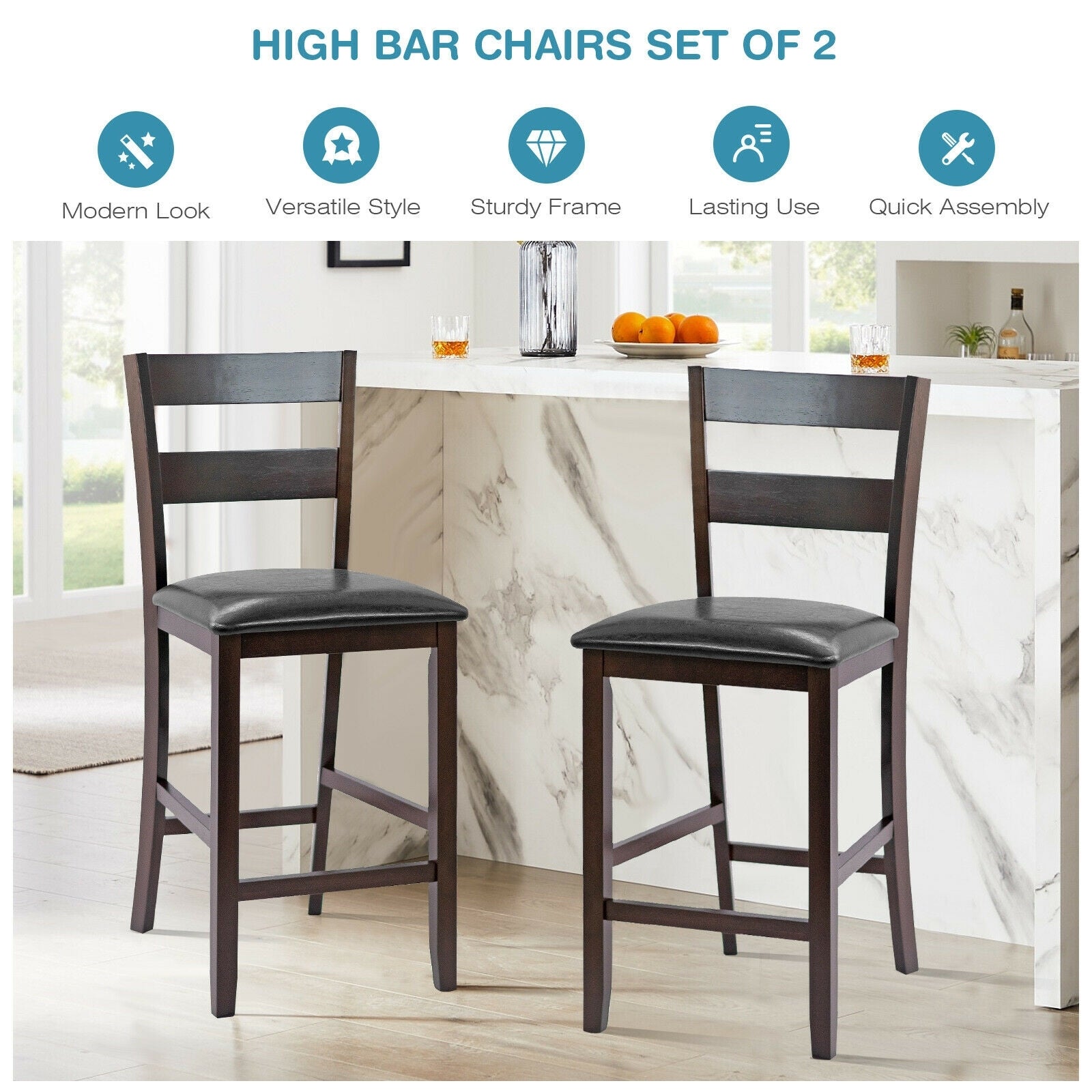 2-Pieces Upholstered Bar Stools Counter Height Chairs with PU Leather Cover 