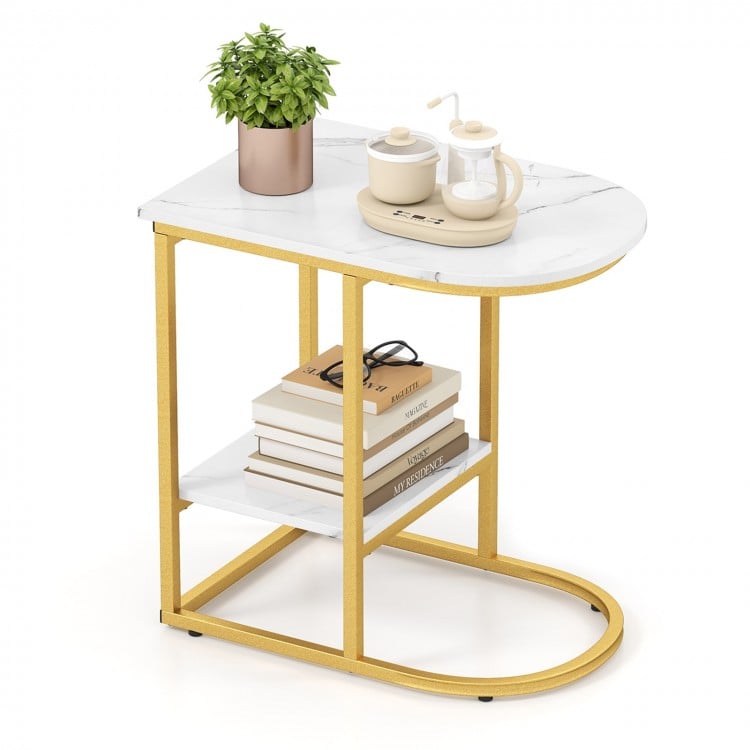 C-shaped Modern Sofa Side Table with Faux Marble Tabletop and Storage Shelf-White