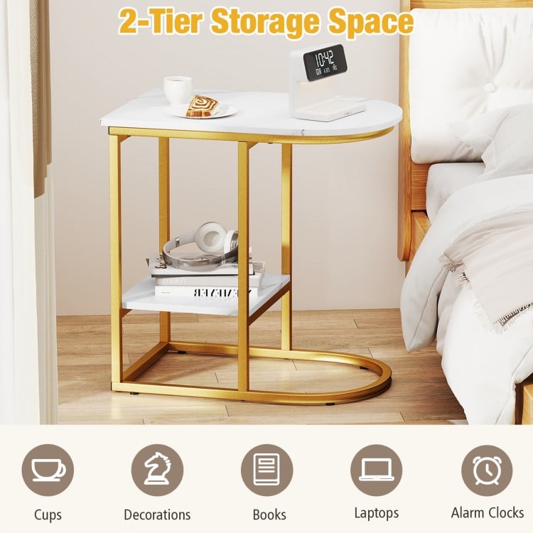 C-shaped Modern Sofa Side Table with Faux Marble Tabletop and Storage Shelf-White
