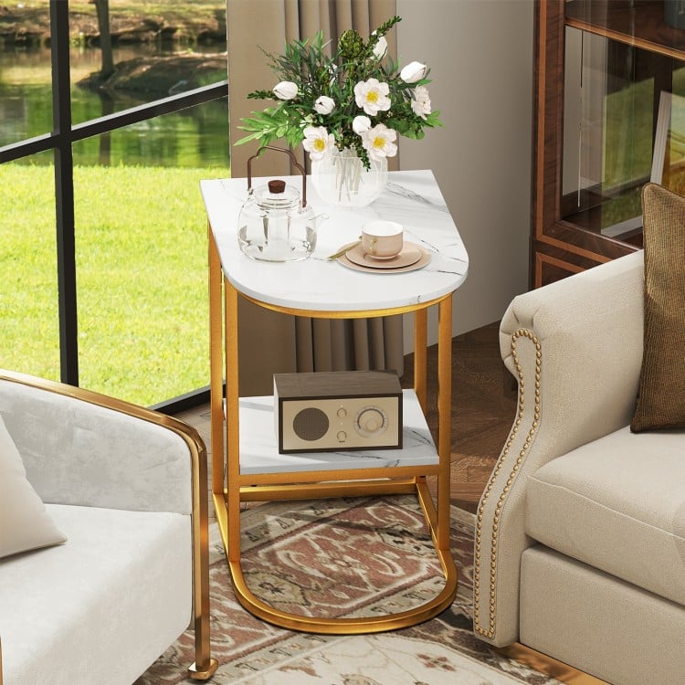 C-shaped Modern Sofa Side Table with Faux Marble Tabletop and Storage Shelf-White
