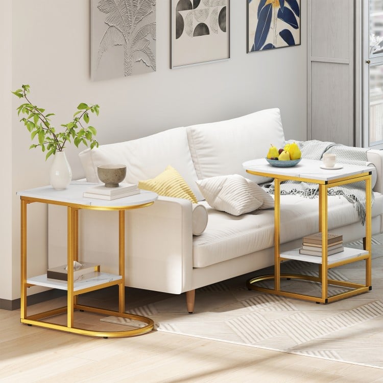 C-shaped Modern Sofa Side Table with Faux Marble Tabletop and Storage Shelf-White
