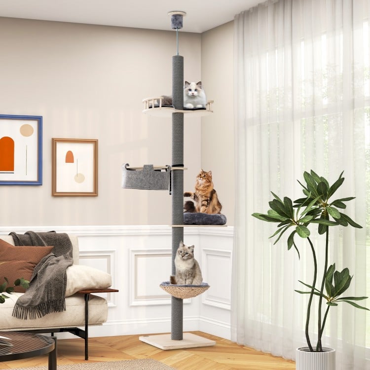 Floor to Ceiling Cat Tree with 93 Inch-107 Inch Adjustable Height-Gray