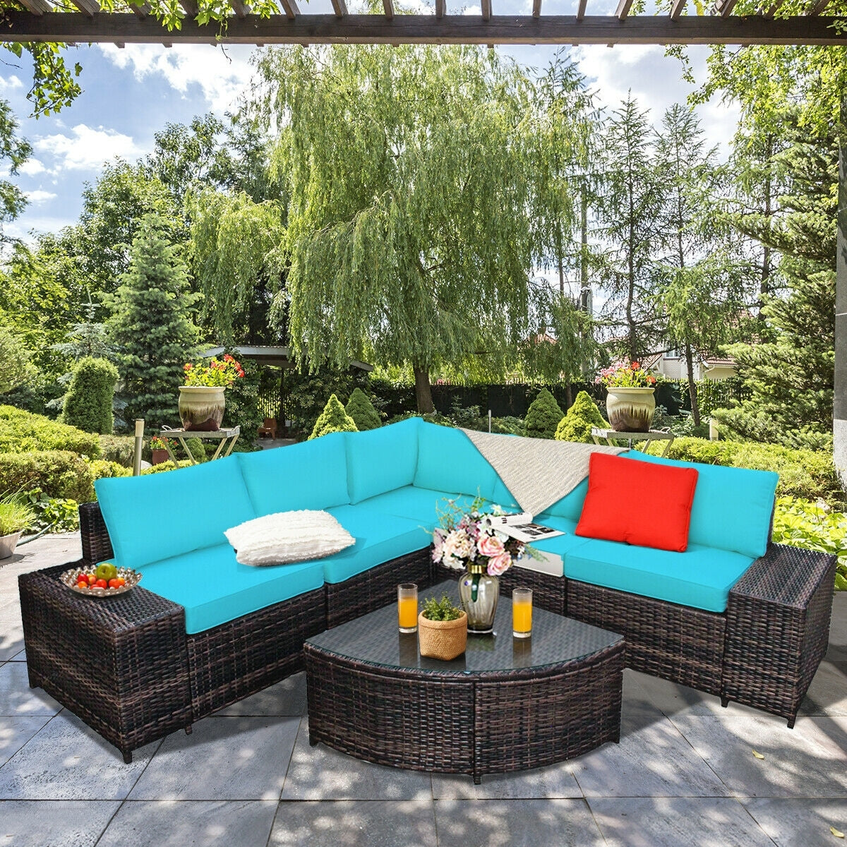 6 Pieces Rattan Furniture Cushioned Sofa Set-Turquoise