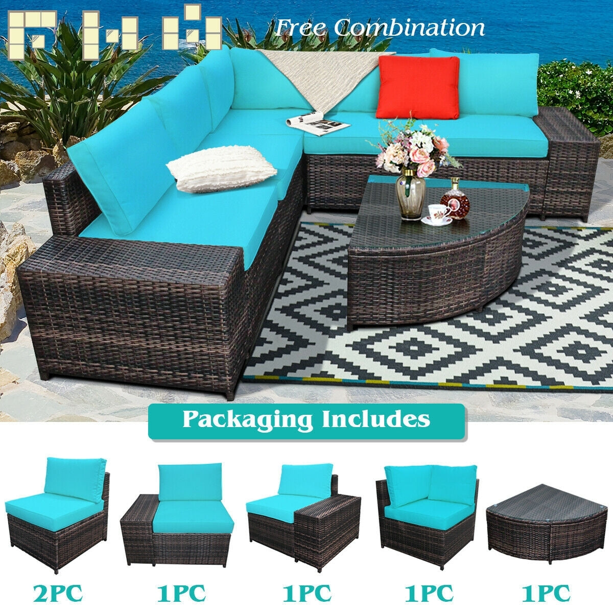 6 Pieces Rattan Furniture Cushioned Sofa Set-Turquoise