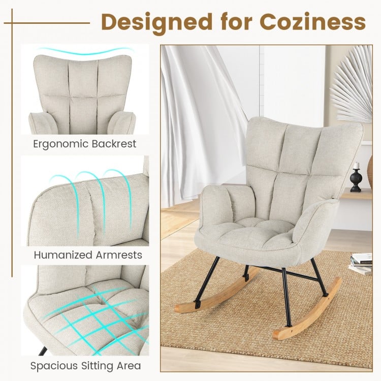 Linen Nursery Rocking Chair with High Backrest and Padded Armrests-White