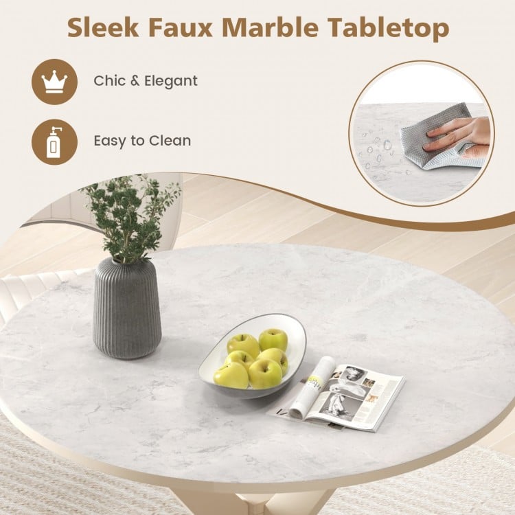 36-Inch Mid Century Modern Kitchen Table with Faux Marble Tabletop and Solid Rubber Wood Legs-White