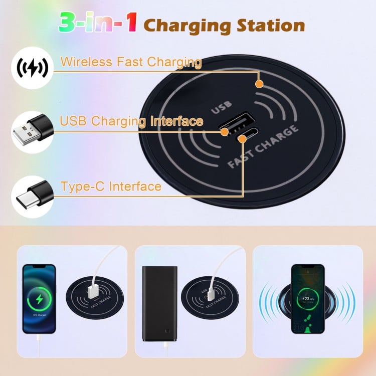 Vanity Table Set with RGB LED Lights and Wireless Charging Station-White