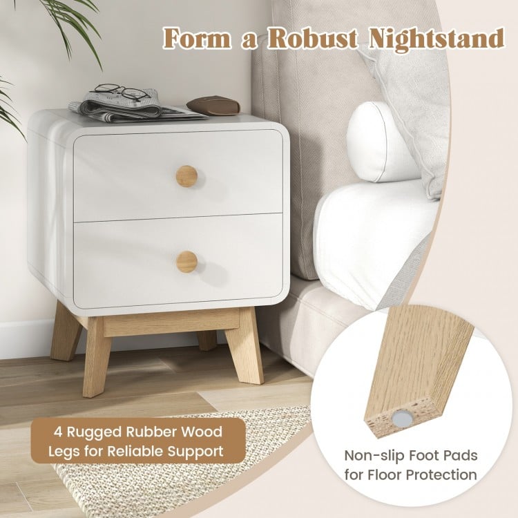 Nightstand with 2 Drawers Solid Rubber Wood Legs-White