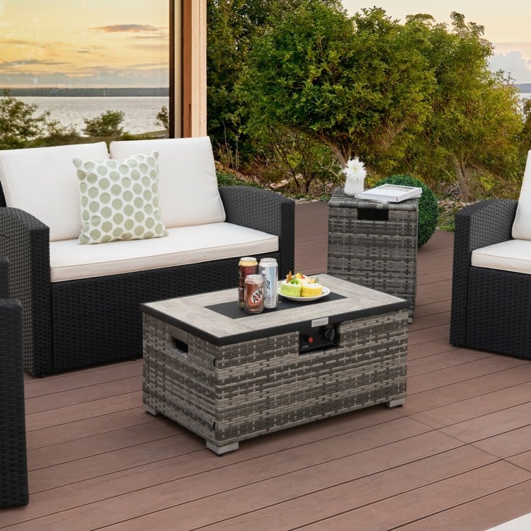 32 Inch x 20 Inch Propane Rattan Fire Pit Table Set with Side Table Tank and Cover
