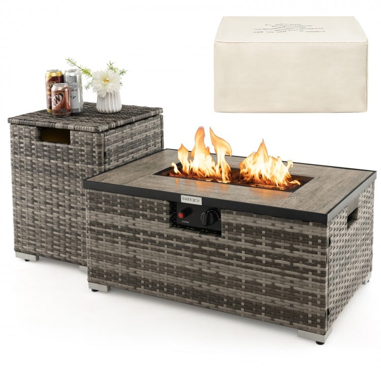 32 Inch x 20 Inch Propane Rattan Fire Pit Table Set with Side Table Tank and Cover