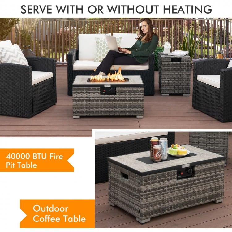 32 Inch x 20 Inch Propane Rattan Fire Pit Table Set with Side Table Tank and Cover