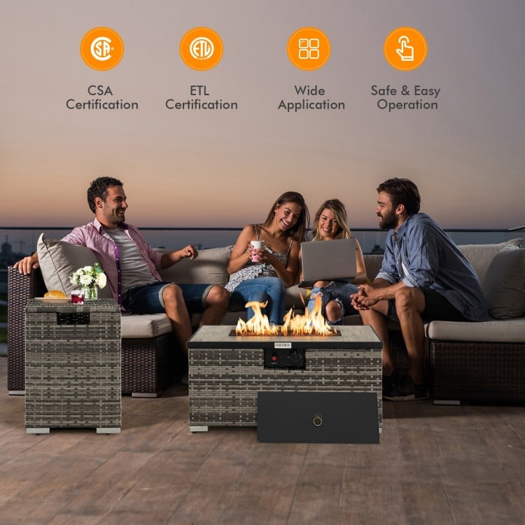32 Inch x 20 Inch Propane Rattan Fire Pit Table Set with Side Table Tank and Cover