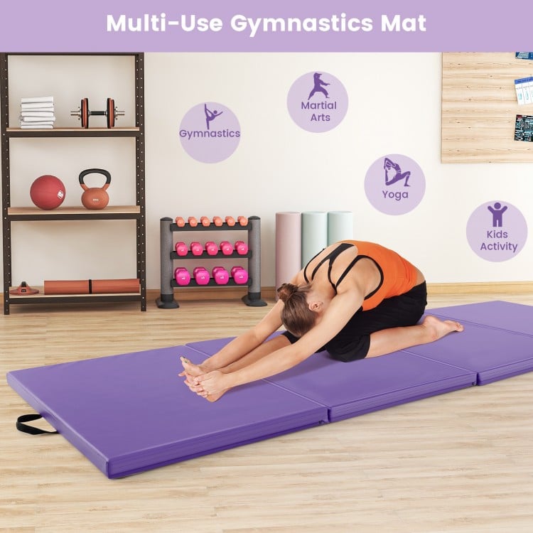 4-Panel PU Leather Folding Exercise Mat with Carrying Handles-Purple