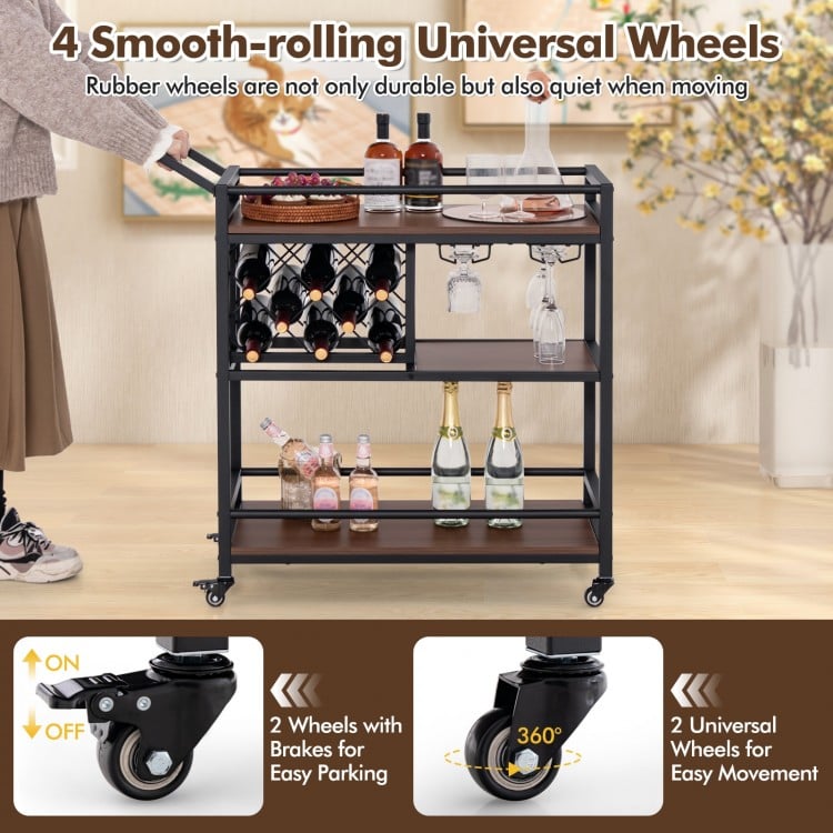 3-tier Bar Cart on Wheels Home Kitchen Serving Cart with Wine Rack and Glasses Holder-Brown