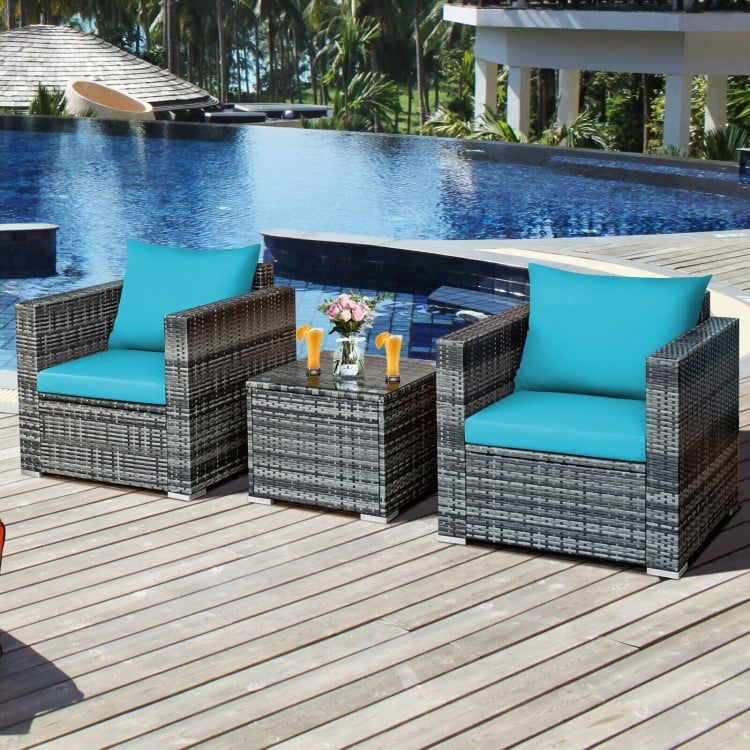 3 Pcs Patio Rattan Furniture Bistro Sofa Set with Cushioned-Turquoise