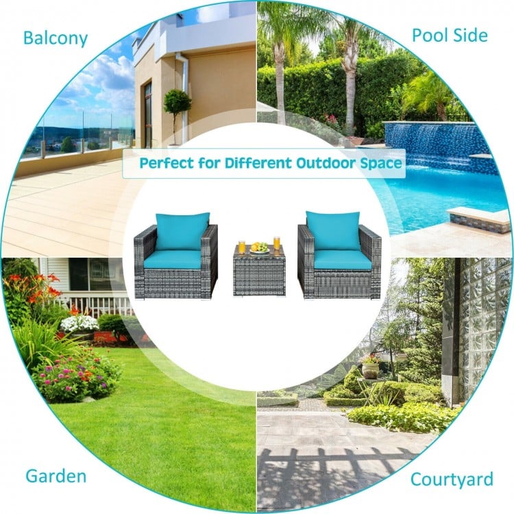 3 Pcs Patio Rattan Furniture Bistro Sofa Set with Cushioned-Turquoise