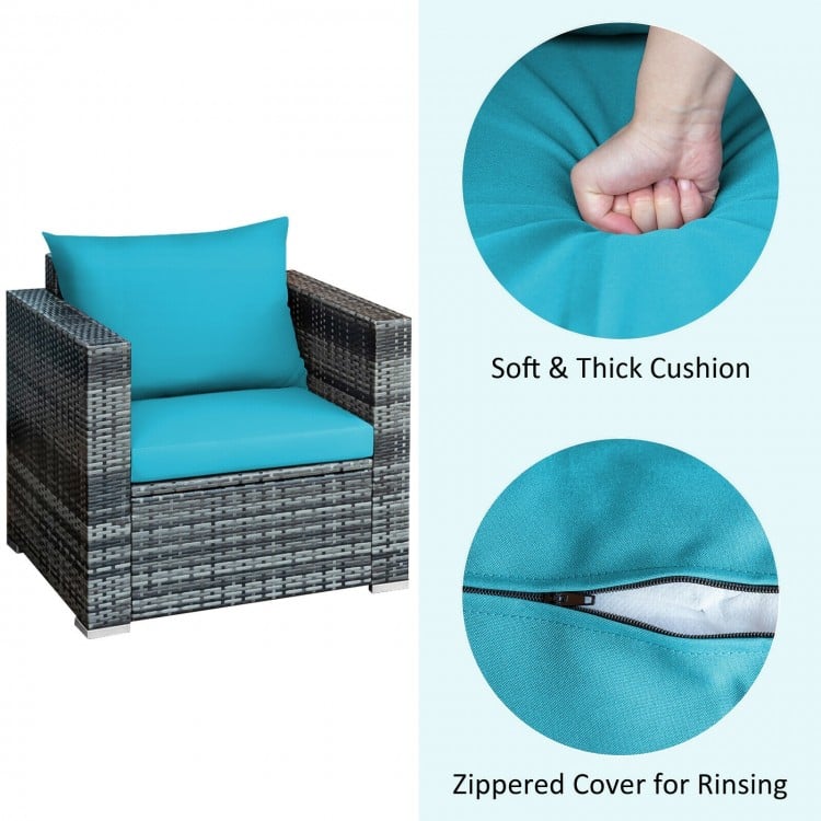 3 Pcs Patio Rattan Furniture Bistro Sofa Set with Cushioned-Turquoise