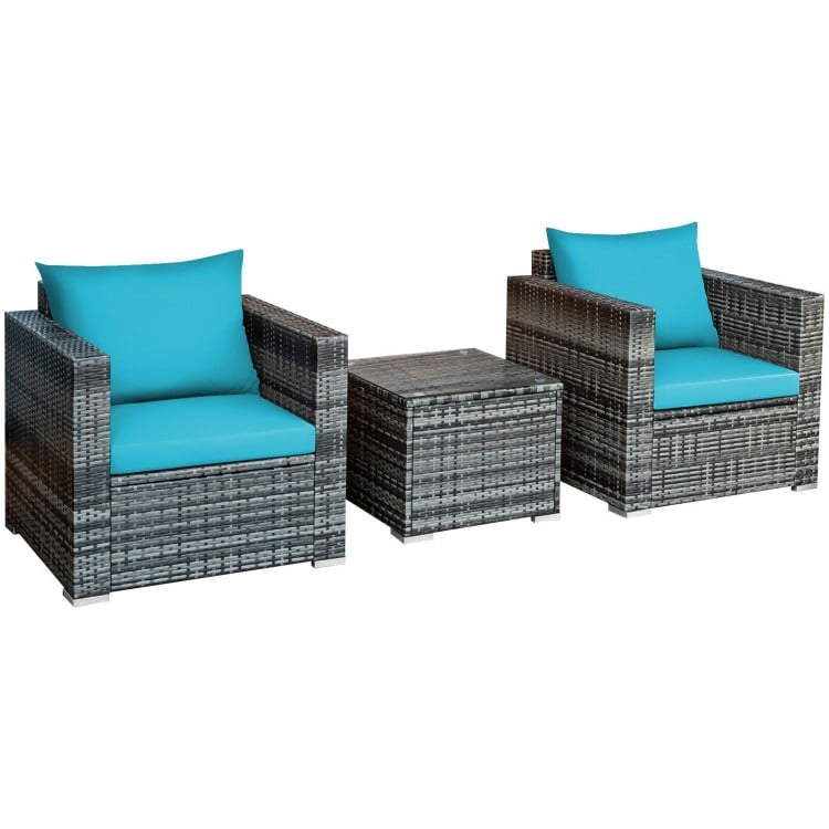 3 Pcs Patio Rattan Furniture Bistro Sofa Set with Cushioned-Turquoise