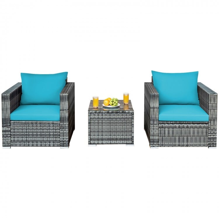 3 Pcs Patio Rattan Furniture Bistro Sofa Set with Cushioned-Turquoise