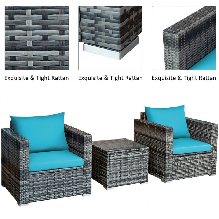 3 Pcs Patio Rattan Furniture Bistro Sofa Set with Cushioned-Turquoise