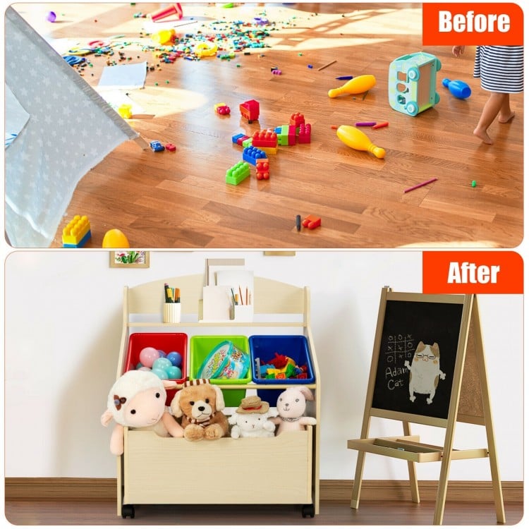 Kids Wooden Toy Storage Unit Organizer with Rolling Toy Box and Plastic Bins-Natural