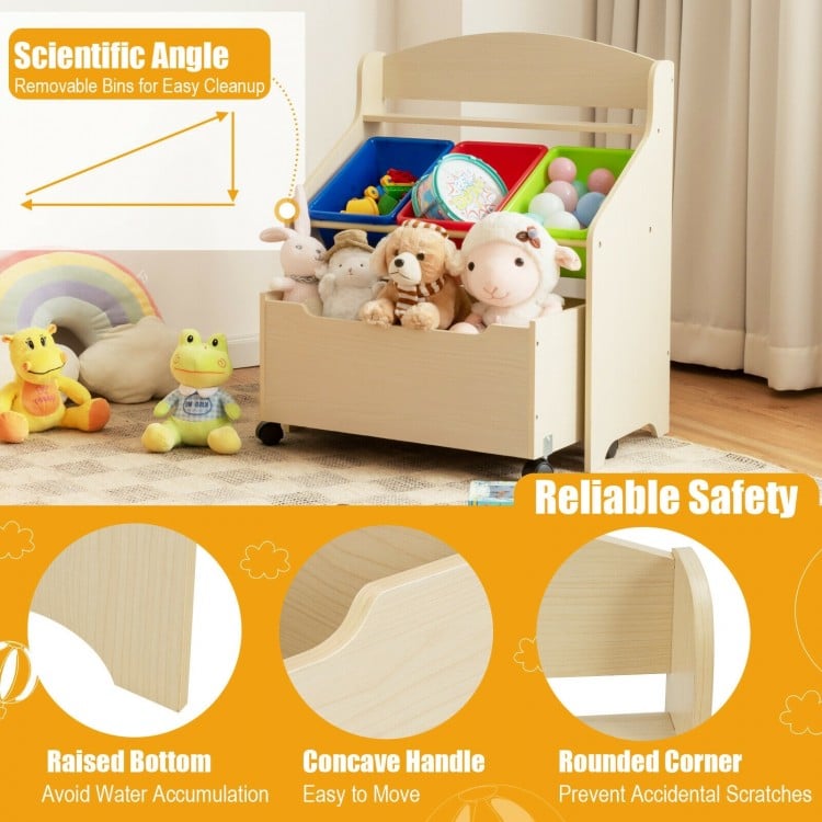 Kids Wooden Toy Storage Unit Organizer with Rolling Toy Box and Plastic Bins-Natural