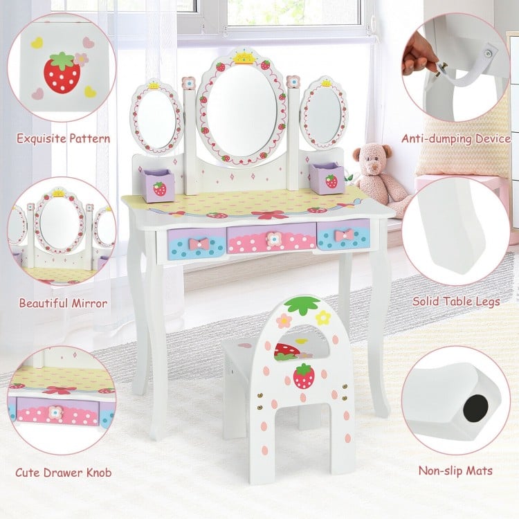 Kids Vanity Princess Makeup Dressing Table Chair Set with Tri-fold Mirror-White