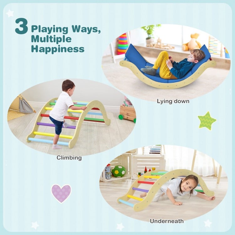 3-in-1 Kids Climber Set Wooden Arch Triangle Rocker with Ramp and Mat
