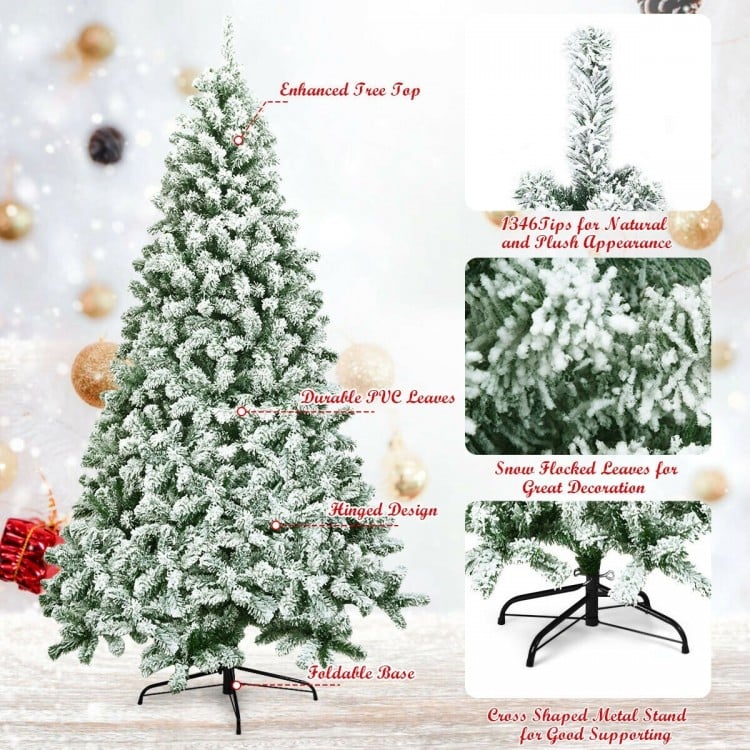 7.5 Feet Snow Flocked Artificial Christmas Tree Hinged with 1346 Tip and Foldable Base