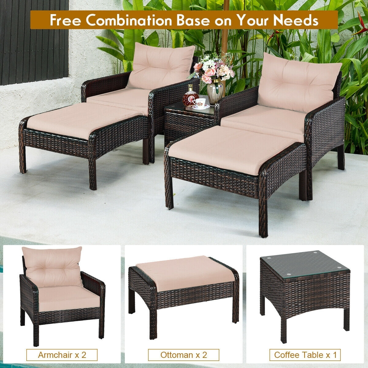 5 Pcs Patio Rattan Wicker Sofa Furniture Set