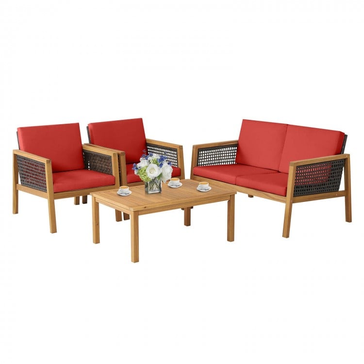 4 Pieces Patio Rattan Furniture Set with Removable Cushions-Red