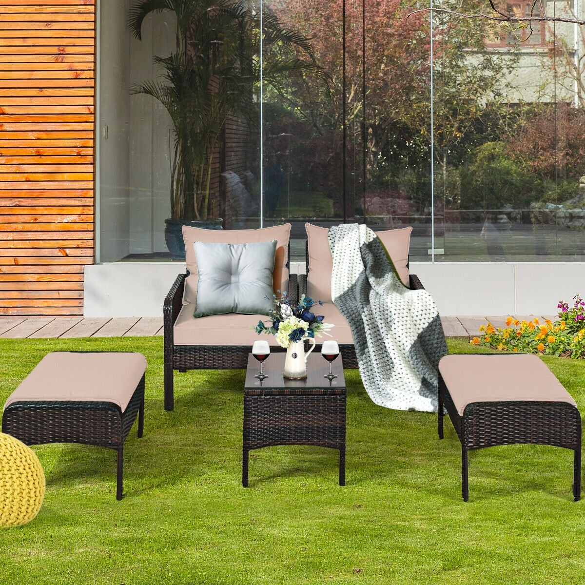 5 Pcs Patio Rattan Wicker Sofa Furniture Set