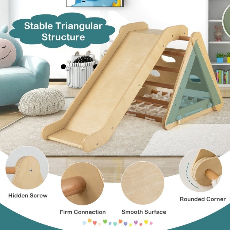 4 in 1 Triangle Climber Toy with Sliding Board and Climbing Net-Natural