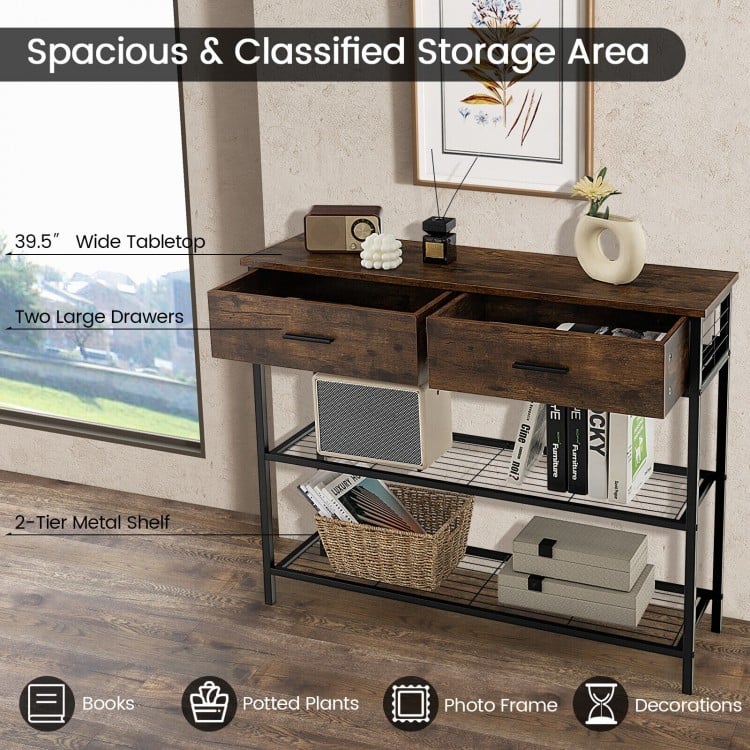 39.5 Inch Entryway Table with 2 Drawers and 2-Tier Shelves-Rustic Brown