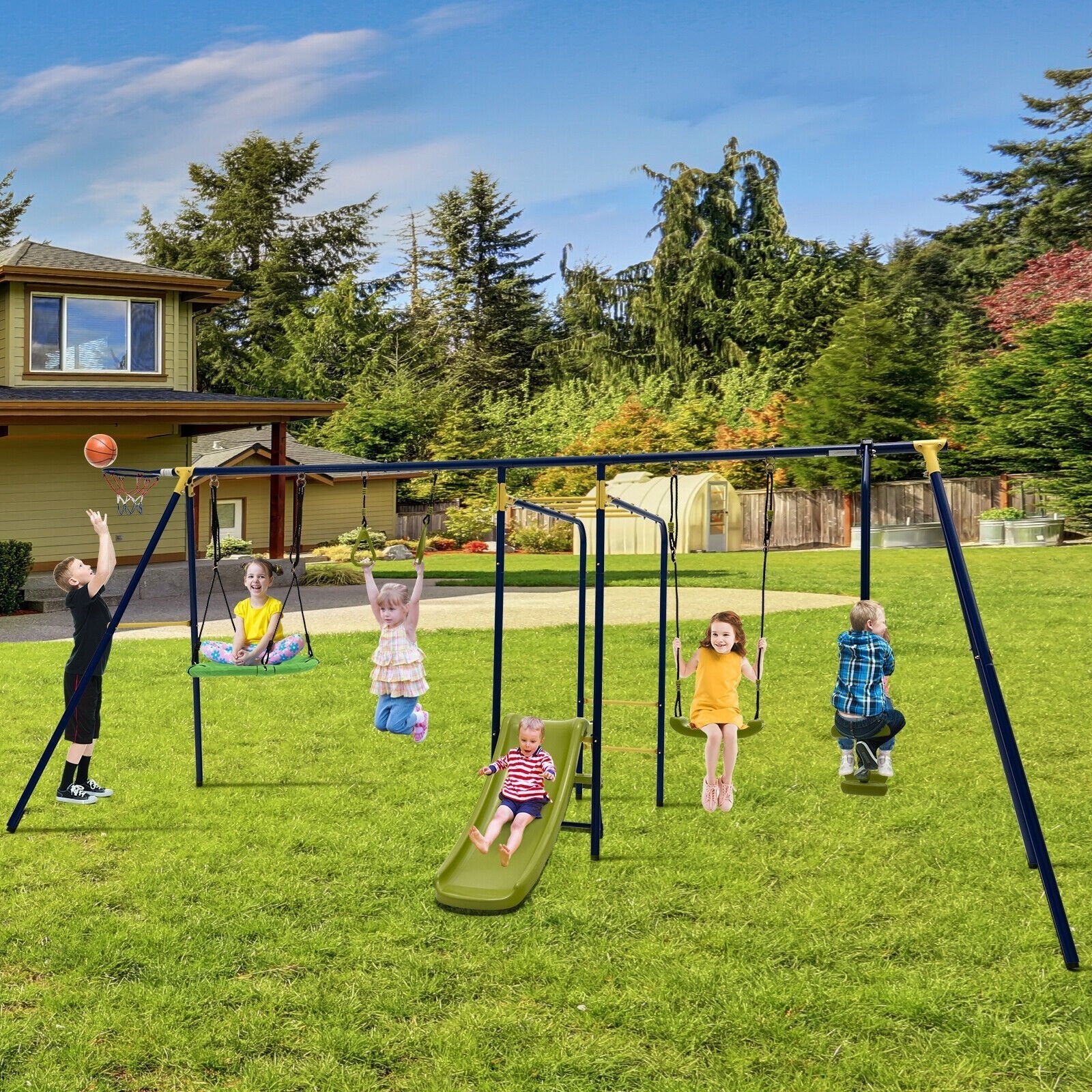 7-in-1 Stable A-shaped Outdoor Swing Set for Backyard 
