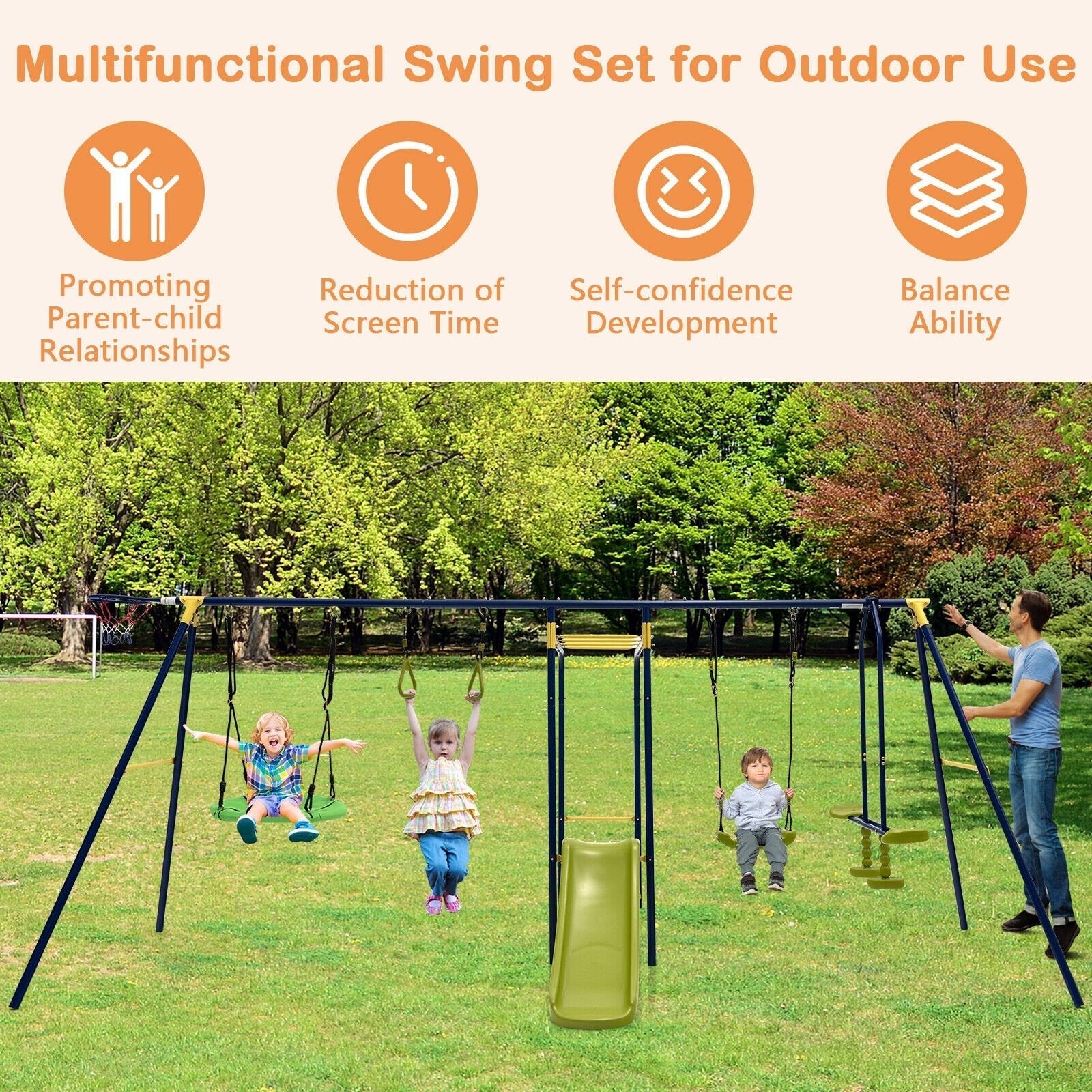 7-in-1 Stable A-shaped Outdoor Swing Set for Backyard 