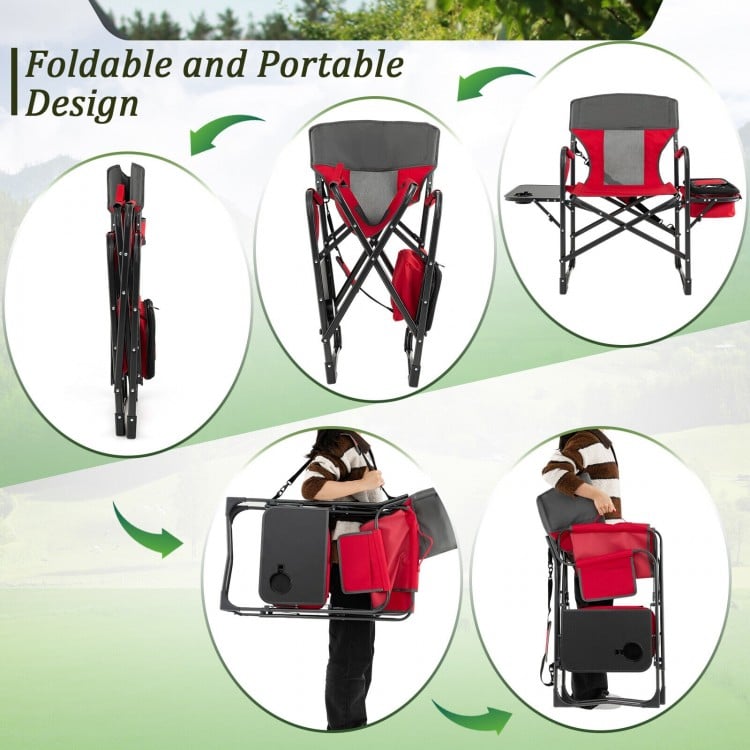 Folding Camping Directors Chair with Cooler Bag and Side Table-Red