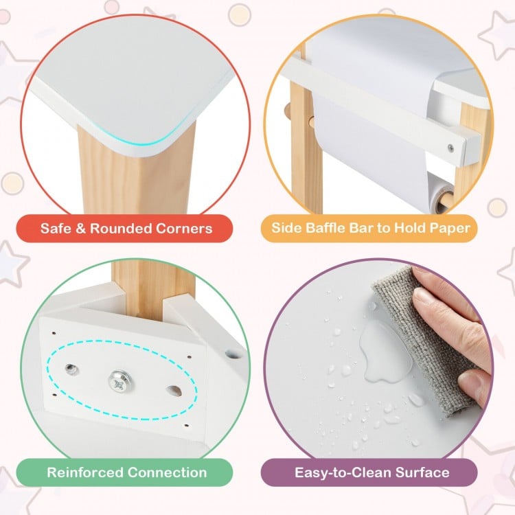 Kids Art Table and Chair Set with Drawer Paper Roll and 2 Markers-White