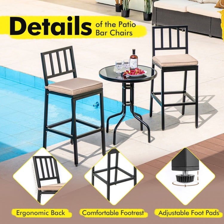 Set of 2 Patio Bar Chairs with Detachable Cushion and Footrest-Vertical Stripes