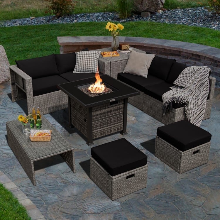 9 Pieces Outdoor Patio Furniture Set with 32-Inch Propane Fire Pit Table