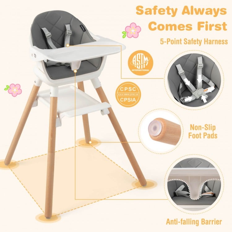 6 in 1 Convertible Highchair with Safety Harness and Removable Tray-White