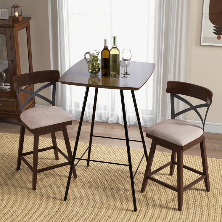 Set of 2 Wooden Swivel Bar Stools with Cushioned Seat and Open X Back-25 inches