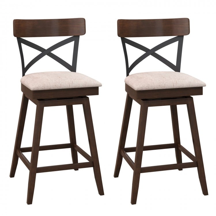 Set of 2 Wooden Swivel Bar Stools with Cushioned Seat and Open X Back-25 inches