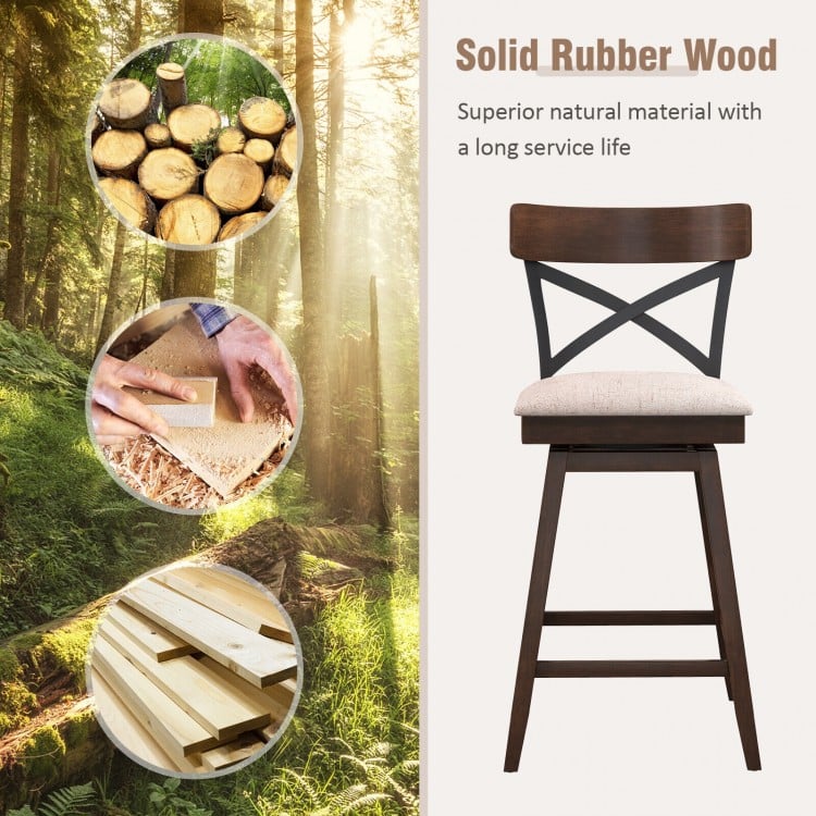 Set of 2 Wooden Swivel Bar Stools with Cushioned Seat and Open X Back-25 inches