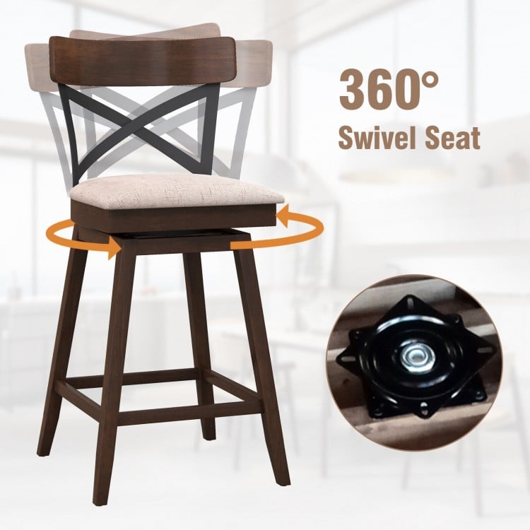 Set of 2 Wooden Swivel Bar Stools with Cushioned Seat and Open X Back-25 inches