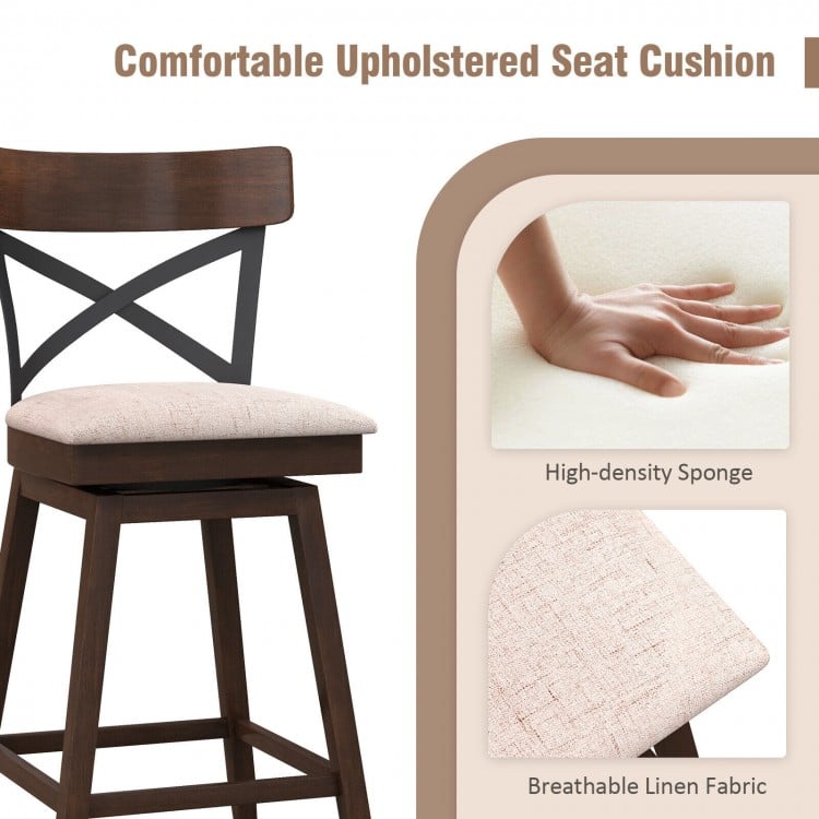 Set of 2 Wooden Swivel Bar Stools with Cushioned Seat and Open X Back-25 inches