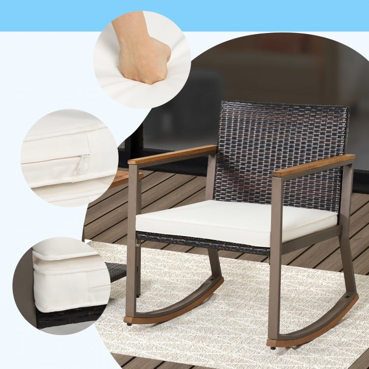 3 Pieces Rattan Rocking Bistro Set with Coffee Table and Cushions-Off White