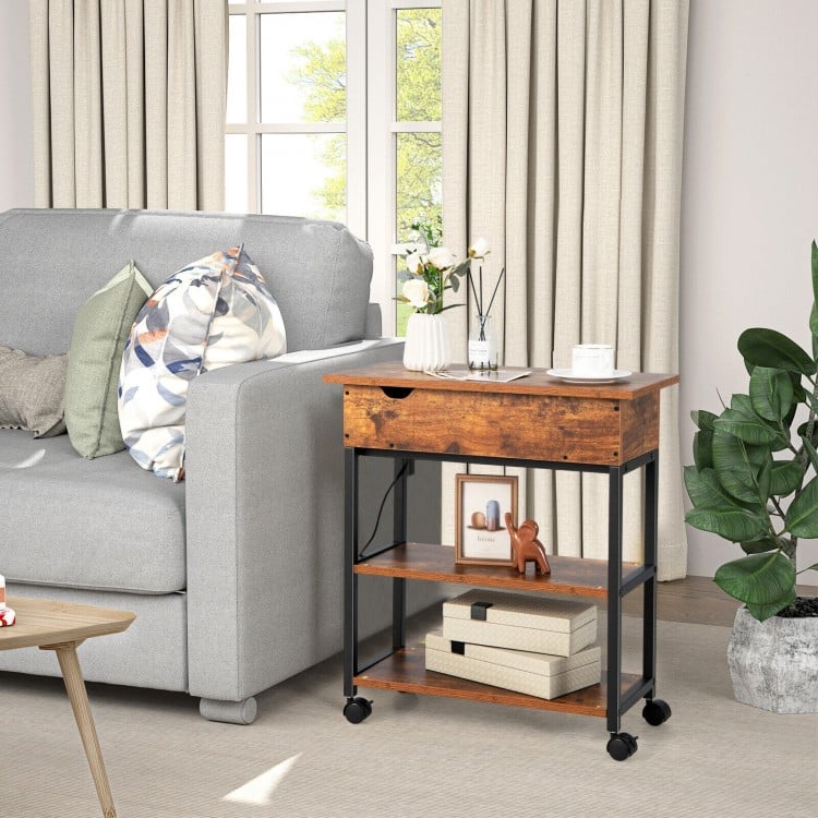 Lift Top End Table with Charging Station and Storage Shelves-Coffee